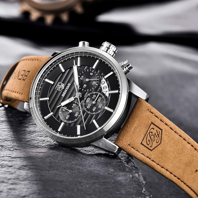 BENYAR Quartz Chronograph Waterproof Watches Business and Sport Design Leather Band Strap Wrist Watch for Men