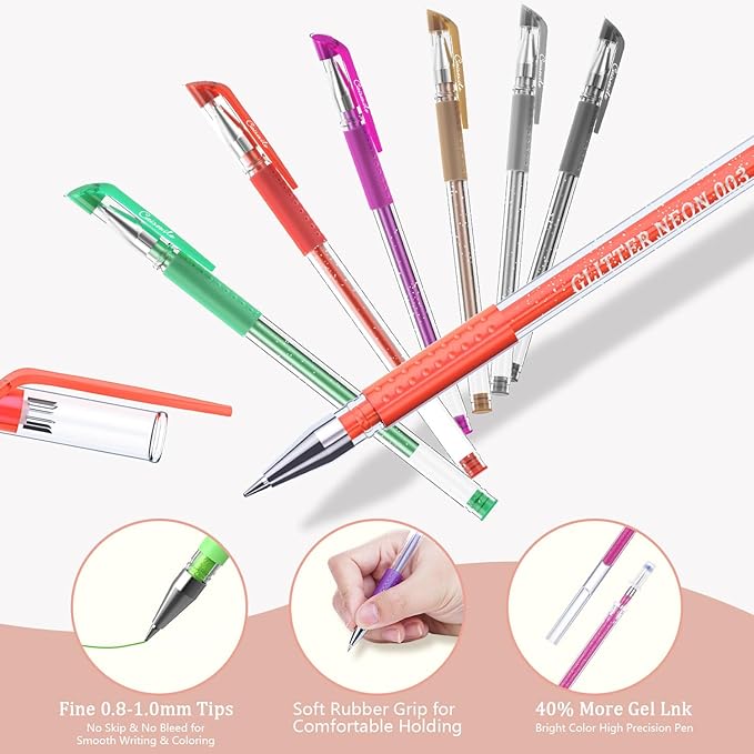 24 Coloring Glitter Gel Pens Come with 24 Free Matched Refills, Artist Drawing Pens, for Adult Coloring Sketching Doodling Writing Back to School Supplies
