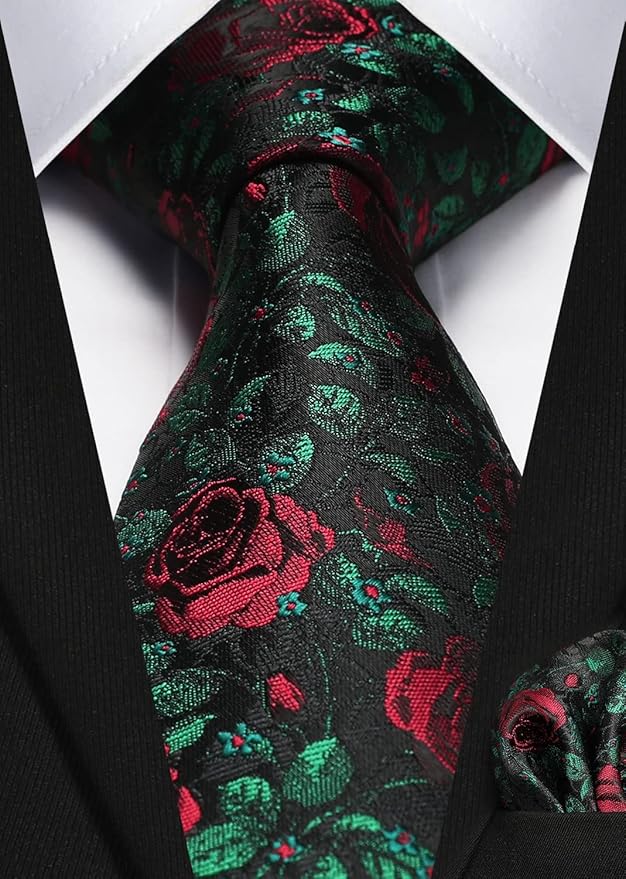 HISDERN Men Floral Ties Woven Classic 3.4" Necktie Set Formal Tie Pocket Square for Wedding with Handkerchief Gift Box