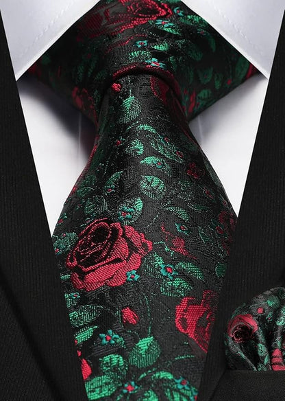 HISDERN Men Floral Ties Woven Classic 3.4" Necktie Set Formal Tie Pocket Square for Wedding with Handkerchief Gift Box