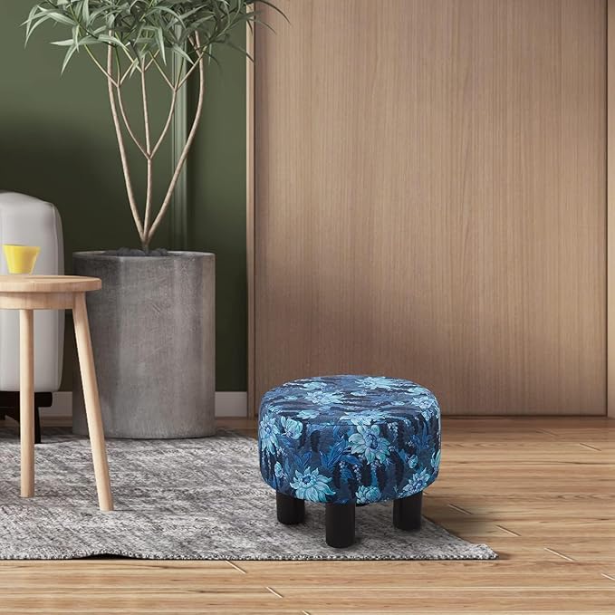 Cpintltr Foot Stool Linen Ottoman Round Footstool for Couch Desk Soft Step Stool Padded Foot Rest with Non-Skid Pine Legs Multiple Colors Furniture for Hallway Office Lounge Dorm Room Flower Blue