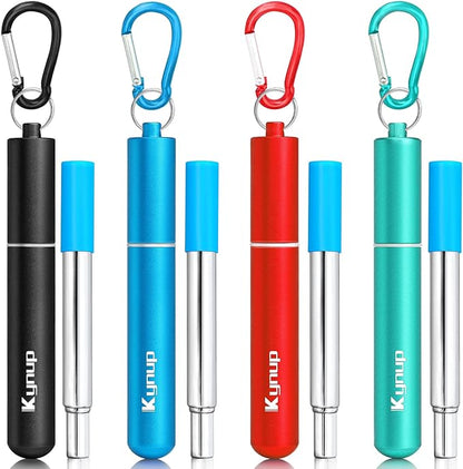 Kynup 4Packs Reusable Straws, Metal Straw with Silicon, Travel Drinking Straws with Case, Keychain, Cleaning Brushes, Silicon Pcs Perfect for Travel, Gifts (20 PCS) Blue-Black-Red-Turquoise