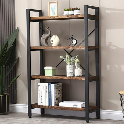 Solid Wood Bookshelf,4 Tier Rustic Vintage Industrial Etagere Bookcase, Open Metal and Wood Vintage Book Shelf, Retro Brown (RealWood)(4-Tier)