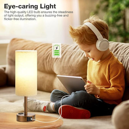 Fenmzee Brown Bedside Table Lamp for Bedroom - 3 Way Dimmable Touch Lamp USB C Charging Ports and AC Outlet, Small Lamp Round Flaxen Fabric Shade for Living Room, Desk, LED Bulb Included