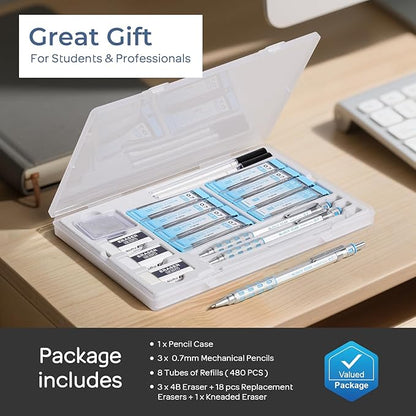 Nicpro 3 Pack Blocky Gear 0.7 mm Metal Mechanical Pencils Set with Case, Lead Drafting Pencil with 8 Tube (480PCS) Lead Refills(HB 2B), 4 Erasers, 18 Eraser Refills for Art Writing, Sketching Drawing