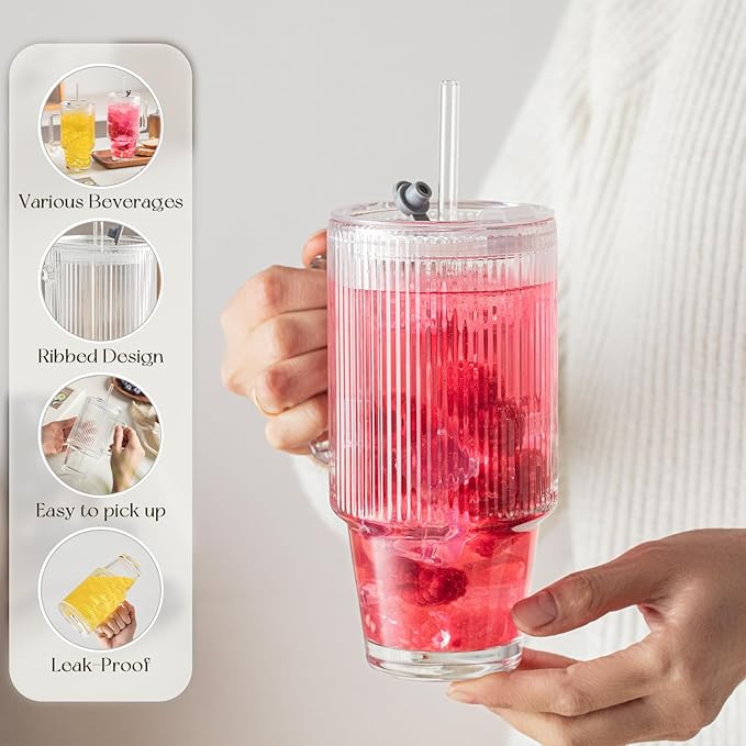 24oz Ribbed Glass Cups with Lids and Straws,Glass Tumbler with Handle,2 set–Reusable Glass Ice Coffee Cups with Lid and Straw for Smoothies,Tea,Juice,Boba Cup for Cold & Hot Drinks,Travel Cup