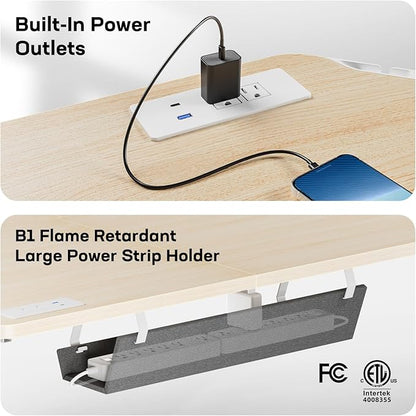HUANUO 63″ Dual Motor L-Shaped Standing Desk, Built-in Power Outlets, Electric Height Adjustable Corner Computer Desk, Large Power Strip Holder, Sit Stand Up Desk with 3 Preset Heights, Natural Wood