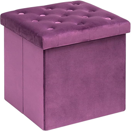 Velvet Storage Ottoman Cube with Lid – Tufted Folding Footstool & Padded Seat for Bedroom, Purple Medium
