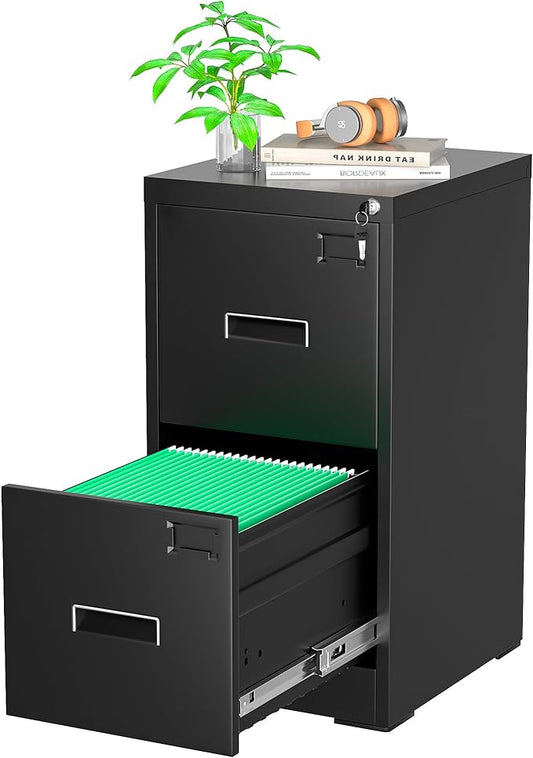 Greenvelly 18" D Vertical File Cabinet, 2 Drawer Locking Cabinet for Home Office, Black Metal for Hanging Letter/Legal Folders, Easy Assemble