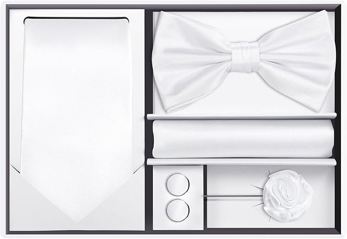 TIE G 5pcs Tie Set in WHITE OR BLACK GIFT BOX: Solid Color Necktie, Satin Bow Tie, Pocket Square, Lapel, Cuff Links