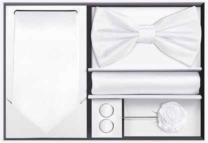 TIE G 5pcs Tie Set in WHITE OR BLACK GIFT BOX: Solid Color Necktie, Satin Bow Tie, Pocket Square, Lapel, Cuff Links