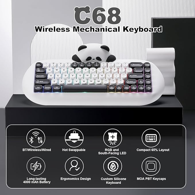 YUNZII C68 Panda Wireless Mechanical Gaming Keyboard, 68 Keys Cute Layout with PBT Keycaps,RGB Backlit, Hot Swappable,Creamy Switches,BT5.0/2.4G/Wired for Win/Mac(White,Panda Switch)