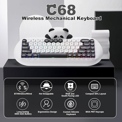 YUNZII C68 Panda Wireless Mechanical Gaming Keyboard, 68 Keys Cute Layout with PBT Keycaps,RGB Backlit, Hot Swappable,Creamy Switches,BT5.0/2.4G/Wired for Win/Mac(White,Panda Switch)