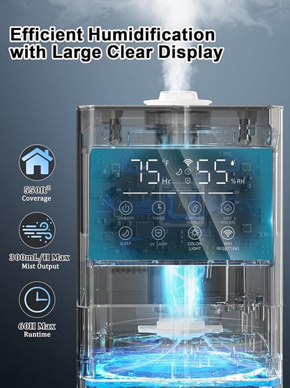 9L/2.4Gal Smart Cool Mist Humidifier, Top Fill Quiet Humidifier Large Room, Covers 550ft², App & Remote Control, 60H Runtime, 7 Colors Light, 4 Mist Modes Humidifiers for Bedroom, Office, White