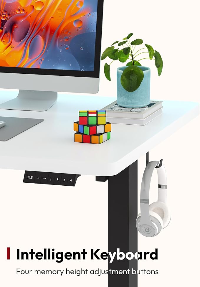 SANODESK Electric Standing Desk 48 x 30 Inches Whole-Piece Desktop Height Adjustable Stand Up Desk w/6-Button Controller Ergonomic Computer Desk for Home Office, Black Frame + White Tabletop