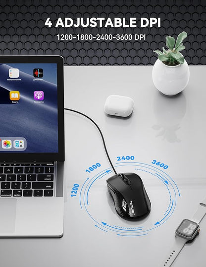 TECKNET Wired Mouse, USB Wired Computer Mice, 3600DPI 4 Adjustable Levels, 6-Button Ergonomic Mouse for Laptop PC Desktop Notebook - Black