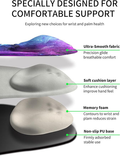 Palm-Rest and Wrist-Hugging Mouse Pad Wrist Rest, Ergonomic Wrist Support with Curve Fitting Cushioned Memory Foam for Carpal Tunnel Pain Relief, 9.9 x 8.3 Inch, Galaxy