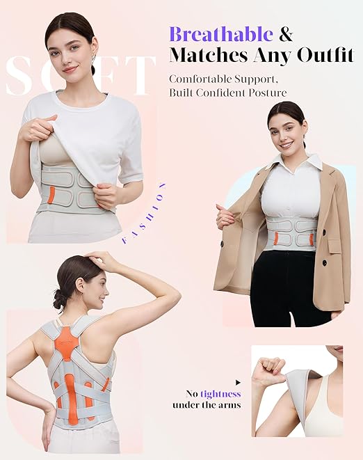 Posture Corrector for Women and Men, 5 Full Back Support Brace Rods, Adjustable Shoulder Straightener, Improving Hunchback Posture, Relief for Upper and Lower Back, Lumbar, Neck Pain (Gray, Large)