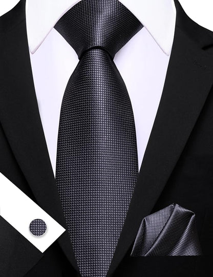 Barry.Wang Tie Sets for Men Silk Solid Necktie Stain Ties Handkerchief Pocket Square Cufflinks Wedding Business Dyed