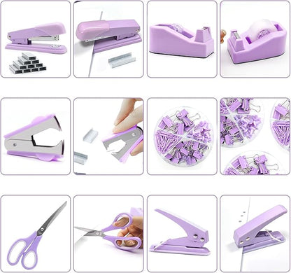 Sportsvoutdoors Purple Desk Accessories, Purple Office Supplies, Stapler and Tape Dispenser Set, Purple Desk Accessory Kit, Gift for Students, Women, Boss Lady, Office Clerks
