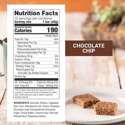 Prolon Fasting Bars | 5g Protein, 7g Fiber | Keto-Friendly, Gluten-Free, Dairy-Free, Plant-Based | Nutrition for Intermittent Fasting | Formulated to Not Break Your Fast | Chocolate Chip (12 Count)