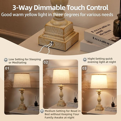 Touch Lamps for Bedroom Set of 2,Bed-Side Table Lamps with 2 USB Ports, Bedroom Lamps with 3-Way Dimmable,23" Tall Table Lamps for Living Room/Night-Stand, Bonus 2 Bulbs