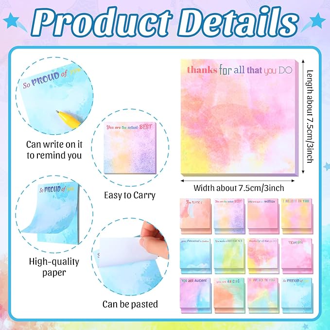 Yinder 24 Pcs Inspirational Sticky Notes Christmas Stocking Stuffers Motivational Sticky Notes Pad Employee Appreciation Gift Bulk for Teacher Nurse Coworker Office 3 x 3'' (Thank You,Water Color)