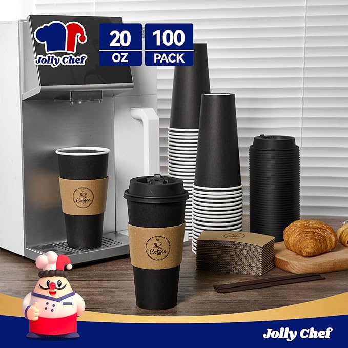 JOLLY CHEF 100 Count 20 oz Black Paper Coffee Cups with Lids, Sleeves and Stirrers for Home, Office, Kitchen, Cafes, Disposable Hot Paper Cups for all Kinds of Beverages
