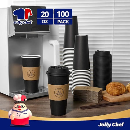 JOLLY CHEF 100 Count 20 oz Black Paper Coffee Cups with Lids, Sleeves and Stirrers for Home, Office, Kitchen, Cafes, Disposable Hot Paper Cups for all Kinds of Beverages