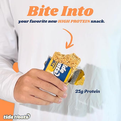 Crispy Rice Protein Treat Peanut Butter Bar | 25 g Protein, No Added Sugar, 7 g Fiber, Gluten Free | High Protein Snack for On-the-Go, Post-Workout or Dessert Cravings | 8 Count | TideTreats