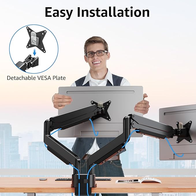 MOUNTUP Dual Monitor Mount fits 42 40 39 37 34 32 27 inch Ultrawide Screen, Holds 6.6-33lbs, Dual Monitor Arm Desk Mount, Heavy Duty Gas Spring Monitor Stand for 2 Monitors, with Clamp/Grommet Base