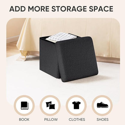 PINPLUS Storage Ottoman Cube Square Shaped Ottomans with Storage Foot Stool Footrest for Lving Room Boucle Ottoman Seat for Dorm Room,Faux Teddy Fur Black,12.6"x12.6"x12.6"
