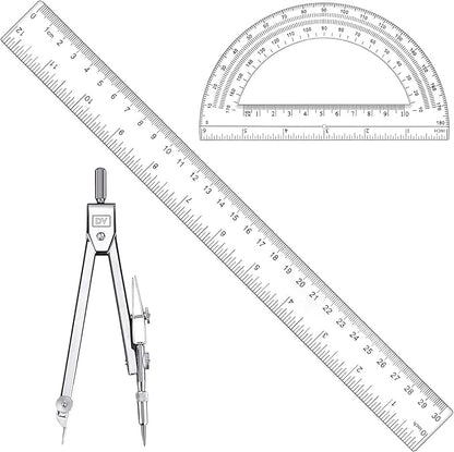 3 Pcs Plastic 12 Inch Ruler, Clear Protractor and Compasses Set for Student Geometry, Durable Transparent Drawing Measuring Rulers for School Office