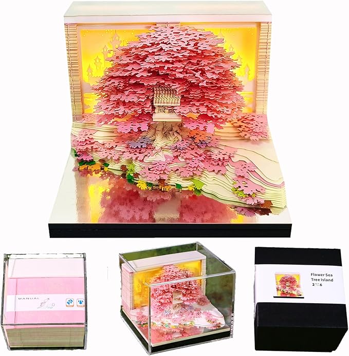Time Piece Calendar 2026 Desk Calendar 3D Memo Pad Weekly Calendar Tear-Away Paper Carving Art Notepad Gift for Thanksgiving Christmas Office Desktop Decoration-Pink Flower Island