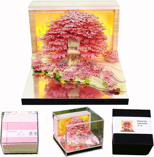 Time Piece Calendar 2026 Desk Calendar 3D Memo Pad Weekly Calendar Tear-Away Paper Carving Art Notepad Gift for Thanksgiving Christmas Office Desktop Decoration-Pink Flower Island