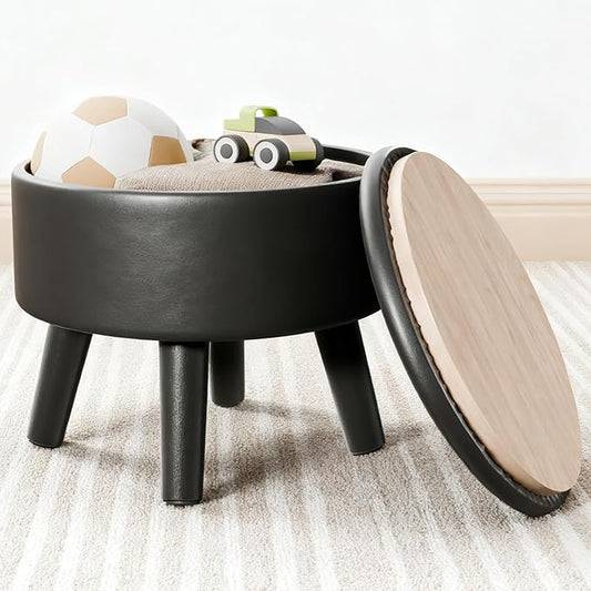 Small Foot Stool Ottoman with Storage, Faux Leather Ottoman Foot Rest for Couch, Round Footstool Ottomans for Living Room (Black)