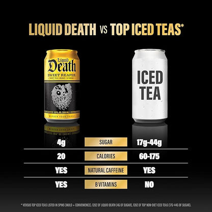 Liquid Death, Sweet Reaper Iced Tea, 12-Pack (12 oz Cans), Southern Style Sweet Tea, Low Calorie, No Artificial Sweeteners, B12 & B6 Vitamins