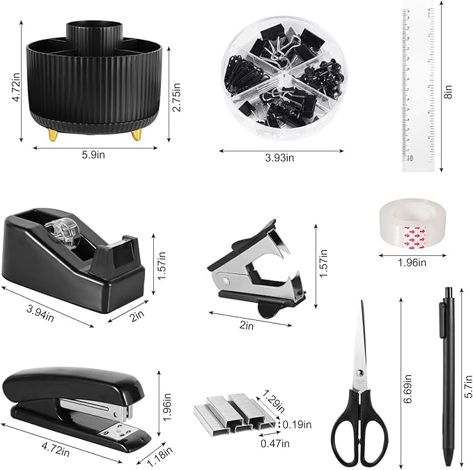 Desk Organizers and Accessories Set with 360-Degree Rotating Pen Holder, Tape Dispenser, Stapler, Staple Remover, 1000 Staples, Tape, Clips Set, Ruler, Scissor, Pen (Black, 10 Pcs Set)