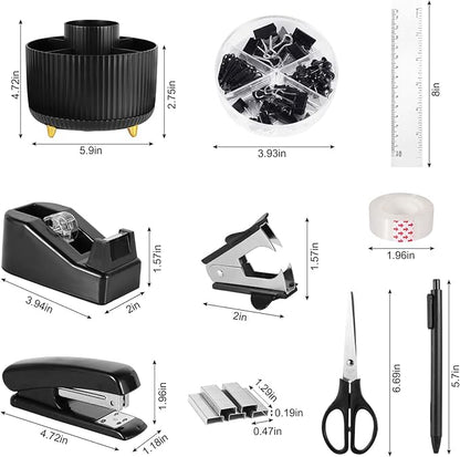 Desk Organizers and Accessories Set with 360-Degree Rotating Pen Holder, Tape Dispenser, Stapler, Staple Remover, 1000 Staples, Tape, Clips Set, Ruler, Scissor, Pen (Black, 10 Pcs Set)