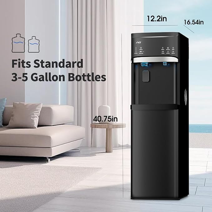 IKT Self-Cleaning Hot and Cold Water Dispenser with Ice Maker Bottom Load for 5 Gallon Bottle 22lbs Daily Capacity Empty Bottle Alert Black