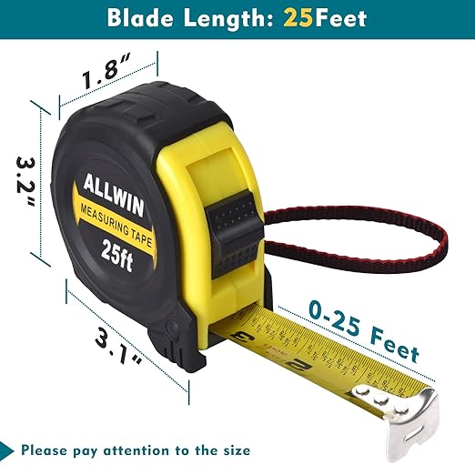 Tape Measure 25 Ft - Metal Retractable Tape Measure with Fractions, Easy Read, 1-inch Wide X 25 Foot