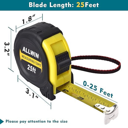 Tape Measure 25 Ft - Metal Retractable Tape Measure with Fractions, Easy Read, 1-inch Wide X 25 Foot