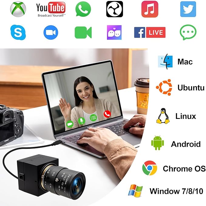 Manual Zoom USB Camera with 2.8-12mm CS Lens, H.264 1080P 30fps Webcam, Low Light Vision & Laser Light Burn, Compatible with Windows/macOS/Linux for Industrial Inspection & Remote Conferencing