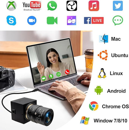 Manual Zoom USB Camera with 2.8-12mm CS Lens, H.264 1080P 30fps Webcam, Low Light Vision & Laser Light Burn, Compatible with Windows/macOS/Linux for Industrial Inspection & Remote Conferencing