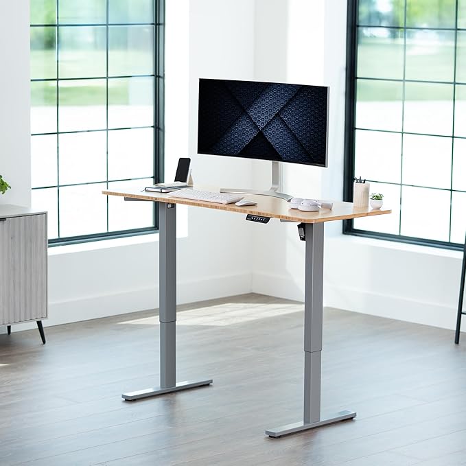 VIVO Electric 60 x 24 in Real Bamboo Standing Desk, Memory Height Adjustment, 1B Series, One-Piece Top, Gray Frame, DESK-KIT-1G6O