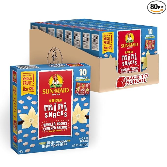 Sun-Maid Vanilla Yogurt Coated Raisins - (80 Pack) 0.5 oz Mini Snack-Size Box - Yogurt Covered Dried Fruit Snack for Lunches and Snacks
