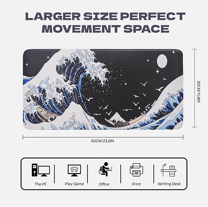 Large Japanese Sea Wave Mouse Pad, Anime Waterproof Desk Mat,Extended Non-Slip Keyboard Mouse Pads Office Desk Pad 23.6" x 11.8" Anime Mouse Pad Desktop Protector for Office and Home