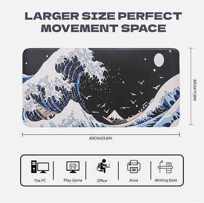 Large Japanese Sea Wave Mouse Pad, Anime Waterproof Desk Mat,Extended Non-Slip Keyboard Mouse Pads Office Desk Pad 23.6" x 11.8" Anime Mouse Pad Desktop Protector for Office and Home