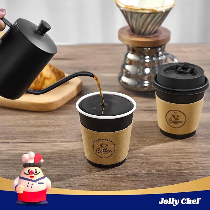 JOLLY CHEF 100 Count 10 oz Coffee Cups with Lids, Sleeves and Stirrers for Home, Office, Kitchen, Cafes, Disposable Hot Paper Cups for all Kinds of Beverages