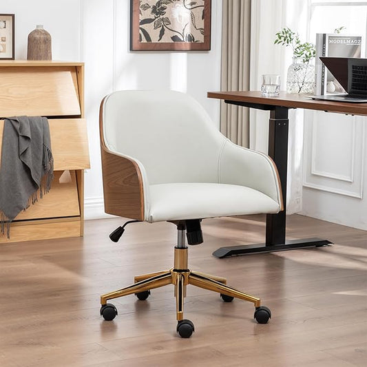 Genuine Leather Office Desk Chair, Adjustable Height Small Modern Comfortable Walnut Vanity Chair, Gold Legs Mid Back 360 Swivel for Home Office, Bedroom, Study, Meeting Room(Beige)